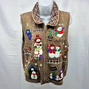 Vintage Studio Joy by Designers Originals Snowman Christmas Sweater Vest L ZipUp